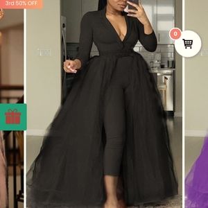 Plus Size V Neck Solid Long Sleeve Jumpsuits(With Tulle Skirt) NEW WITHOUT TAGS